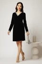 Rochie DY Fashion neagra din catifea fixa cu perle la decolteu si maneci, 3, dyfashion.ro
