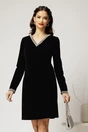Rochie DY Fashion neagra din catifea fixa cu perle la decolteu si maneci, 1, dyfashion.ro