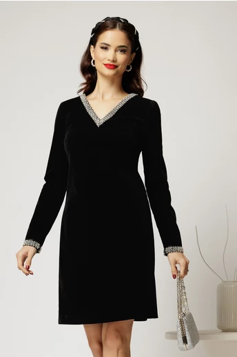 Rochie DY Fashion neagra din catifea fixa cu perle la decolteu si maneci