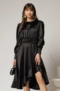 Rochie DY Fashion neagra din satin plin cu croi asimetric, 1, dyfashion.ro