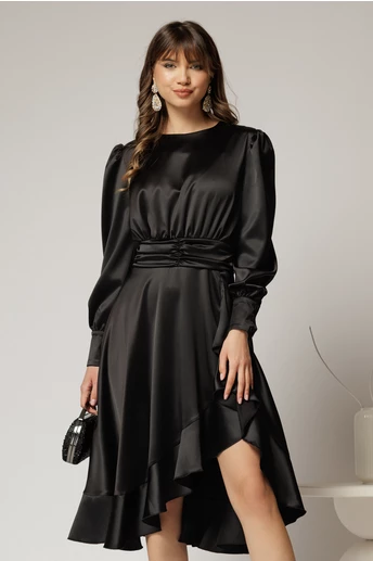 Rochie DY Fashion neagra din satin plin cu croi asimetric