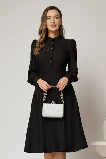 Rochie DY Fashion neagra din triplu voal cu guler tunica si nasturi tip floare