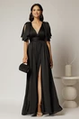 Rochie DY Fashion neagra lunga de seara cu decolteu adanc si funde ample, 1, dyfashion.ro