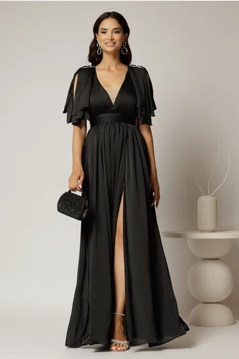 Rochie DY Fashion neagra lunga de seara cu decolteu adanc si funde ample