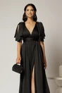 Rochie DY Fashion neagra lunga de seara cu decolteu adanc si funde ample, 3, dyfashion.ro