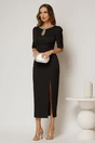 Rochie DY Fashion neagra midi cu crepeu maxi si aplicatii la bust, 3, dyfashion.ro