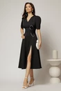 Rochie DY Fashion neagra midi cu detaliu floral pe talie si decolteu in V, 3, dyfashion.ro