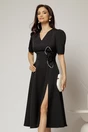 Rochie DY Fashion neagra midi cu detaliu floral pe talie si decolteu in V, 1, dyfashion.ro