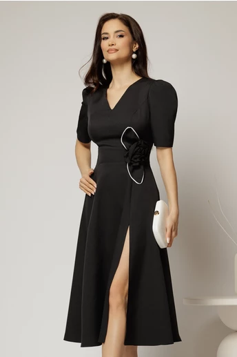 Rochie DY Fashion neagra midi cu detaliu floral pe talie si decolteu in V