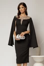 Rochie DY Fashion neagra midi cu manecile lungi crapate si aplicatii la bust, 1, dyfashion.ro