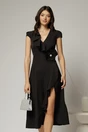 Rochie DY Fashion neagra midi cu volanas pe fusta si detaliu amplu foral, 1, dyfashion.ro
