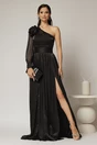 Rochie DY Fashion neagra pe un umar cu detaliu floral amplu din voal peliculizat, 1, dyfashion.ro