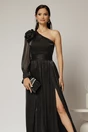 Rochie DY Fashion neagra pe un umar cu detaliu floral amplu din voal peliculizat, 3, dyfashion.ro