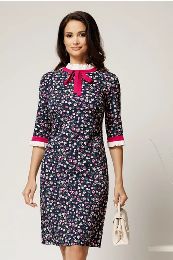 Rochie DY Fashion office din stofa bleumarin cu flori fucsia si mansete din poplin