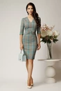 Rochie DY Fashion office din stofa gri cu carouri turcoaz si funda in talie, 3, dyfashion.ro