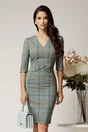 Rochie DY Fashion office din stofa gri cu carouri turcoaz si funda in talie, 1, dyfashion.ro