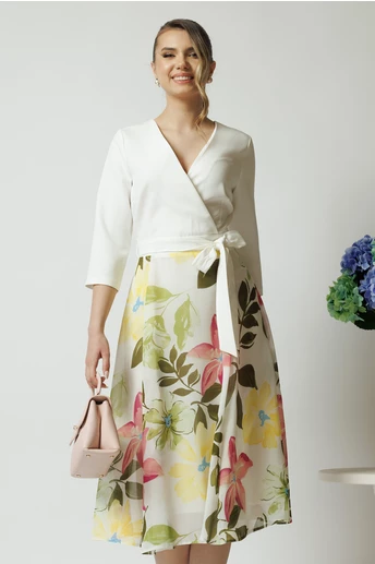 Rochie DY Fashion office din stofa si voal alba cu imprimeu pe fusta