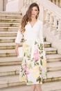 Rochie DY Fashion office din stofa si voal alba cu imprimeu pe fusta