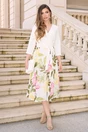 Rochie DY Fashion office din stofa si voal alba cu imprimeu pe fusta