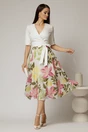 Rochie DY Fashion office din stofa si voal ivoar cu imprimeu pe fusta, 3, dyfashion.ro