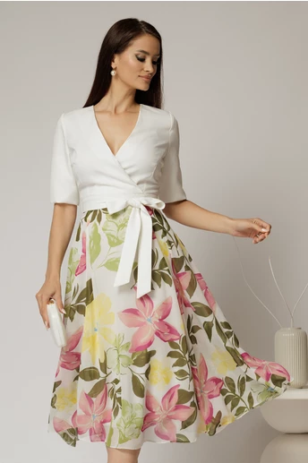 Rochie DY Fashion office din stofa si voal ivoar cu imprimeu pe fusta