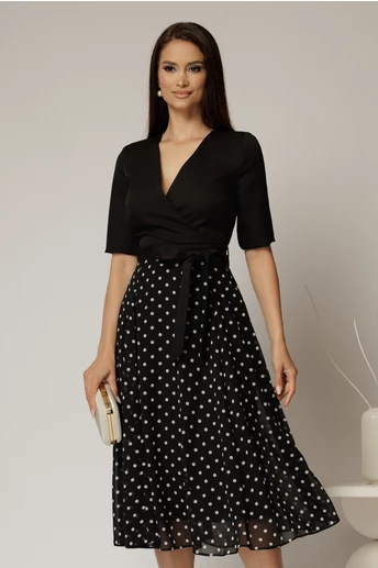 Rochie DY Fashion office din stofa si voal neagra cu buline pe fusta