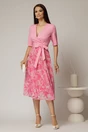 Rochie DY Fashion office din stofa si voal roz cu imprimeu pe fusta, 3, dyfashion.ro