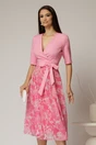 Rochie DY Fashion office din stofa si voal roz cu imprimeu pe fusta, 1, dyfashion.ro
