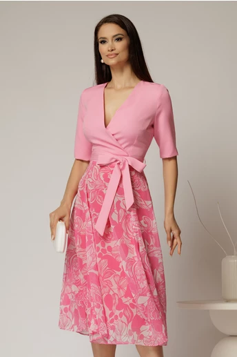 Rochie DY Fashion office din stofa si voal roz cu imprimeu pe fusta