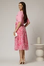 Rochie DY Fashion office din stofa si voal roz cu imprimeu pe fusta, 2, dyfashion.ro
