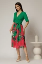 Rochie DY Fashion office din stofa si voal verde cu imprimeu pe fusta, 3, dyfashion.ro
