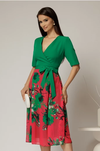 Rochie DY Fashion office din stofa si voal verde cu imprimeu pe fusta