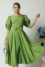 Rochie DY Fashion eleganta din stofa verde fistic cu funda in talie