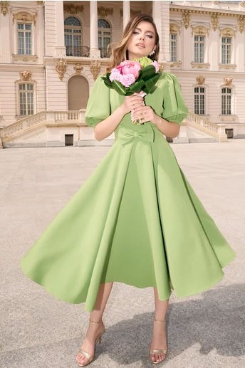 Rochie DY Fashion eleganta din stofa verde fistic cu funda in talie