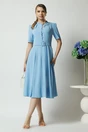 Rochie DY Fashion office din triplu voal bleu cu nasturi la bust si curea in talie