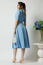 Rochie DY Fashion office din triplu voal bleu cu nasturi la bust si curea in talie