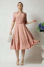 Rochie DY Fashion office din triplu voal roz cu nasturi la bust si curea in talie