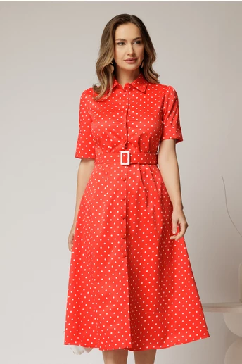 Rochie DY Fashion rosie cu buline tip camasa si curea in talie
