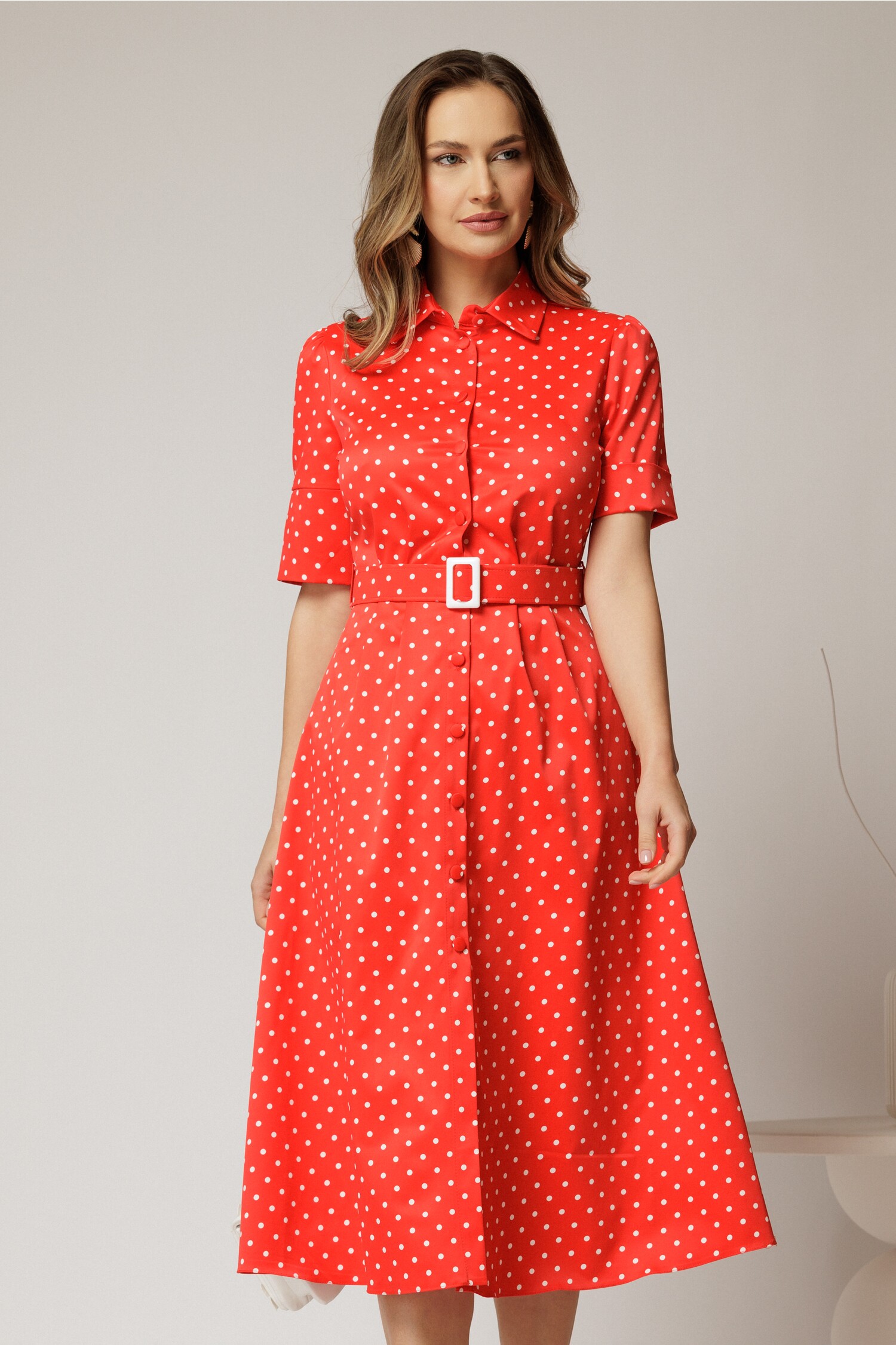 Rochie DY Fashion rosie cu buline tip camasa si curea in talie