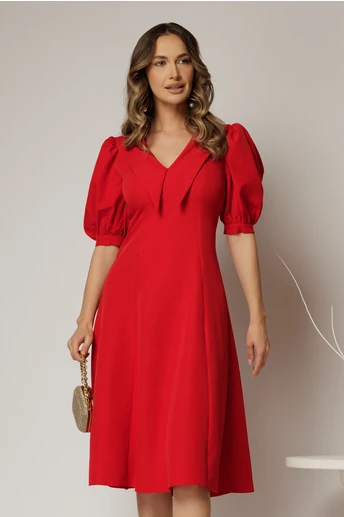 Rochie DY Fashion rosie in clini cu guler ascutit si maneci scurte bufante