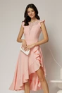 Rochie DY Fashion roz asimetrica cu aplicatii la decolteu si volanas, 1, dyfashion.ro