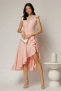 Rochie DY Fashion roz asimetrica cu aplicatii la decolteu si volanas, 3, dyfashion.ro