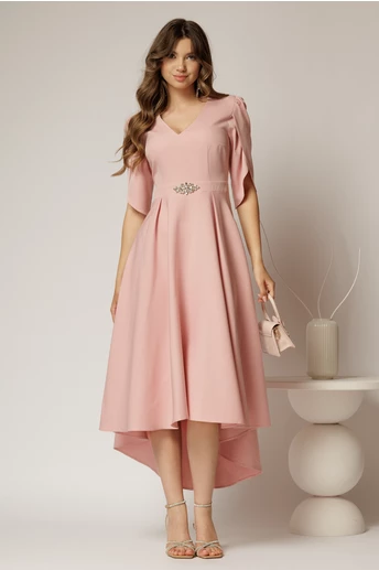 Rochie DY Fashion roz asimetrica cu maneci lalea si aplicatie pe talie