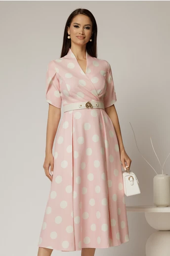 Rochie DY Fashion roz cu buline cu decolteu si maneci petrecute