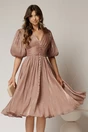 Rochie DY Fashion roz cu decolteu adanc si nasturi din voal peliculizat, 1, dyfashion.ro
