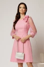 Rochie DY Fashion roz cu maneci din organza si detaliu floral, 1, dyfashion.ro