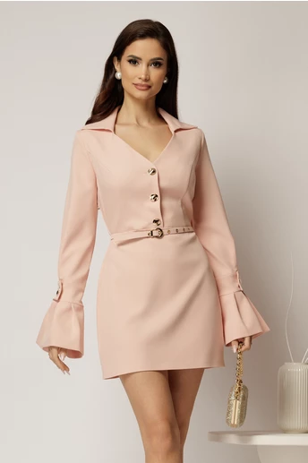 Rochie DY Fashion roz cu maneci evazate si decolteu cu guler