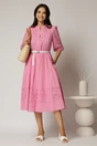 Rochie DY Fashion roz din bumbac cu insertii perforate si curea in talie, 3, dyfashion.ro