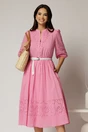 Rochie DY Fashion roz din bumbac cu insertii perforate si curea in talie, 1, dyfashion.ro