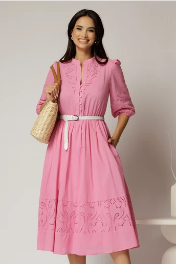 Rochie DY Fashion roz din bumbac cu insertii perforate si curea in talie